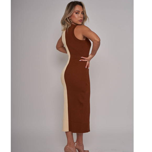 NWT Cream Brown Ribbed Knit Fall Midi Dress - Small - Picture 4 of 5